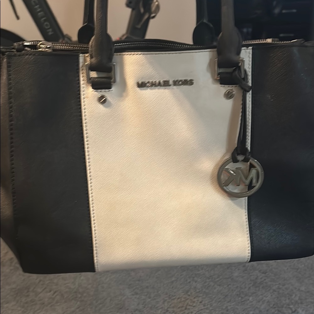 Michael Kors Black and White Satchel with Signature Charm